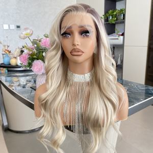 Perruque longue blonde ombrée en dentelle, perruques synthétiques faites à la main pour femmes, taille moyenne avec frange - Product Image 4