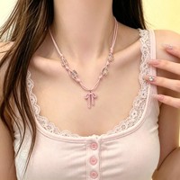 Collier ras-du-cou délicat en alliage de zinc avec nœud papillon rose et cordon en cuir tressé, style coréen, sportif et polyvalent pour le quotidien