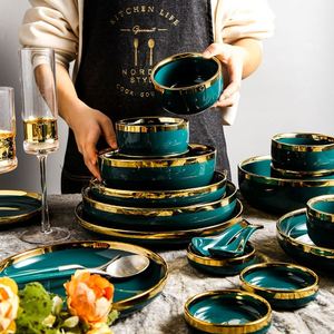 Nordic Style Gold Inlay Bright Green Dinner Sets <b>Ceramic</b> Bowl Dish <b>Plates</b> Set Porcelain Dinnerware for Household Hotel - Product Image 3