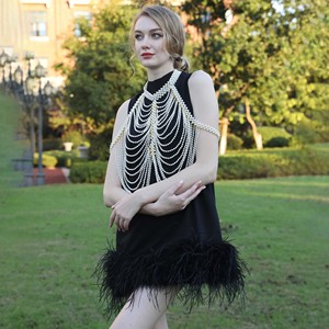 เดรสหนังแฟชั่นมาใหม่เสื้อกั๊กหนังแกะแท้ประดับขนนก - Product Image 5