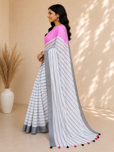 Sari de Algodón Blanco al por Mayor para Mujer con Tela de Primera Calidad, Diseño de Borde Elegante y Material Transpirable - Product Image 2