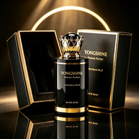 Vente en gros de flacons de parfum en verre noir de 25 ml, 50 ml, 100 ml avec bouchon couronne doré, boîte personnalisée avec logo couleur, MOQ 1000 pièces pour le Moyen-Orient