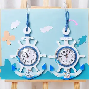 Uhr Uhr Anker Holz Stil Schiff Rad Uhr Wand Holz Quarz Farbe Mediterranean Beach Sea Nautical Ruder Weiß und Blau