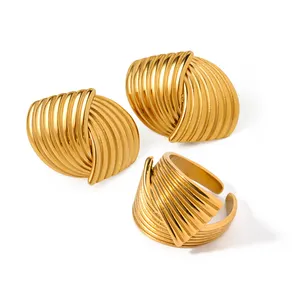 J D Fashion Jewelry Designer Gold Plated Rings Stainless Steel Striped Textured Interlaced Open Rings