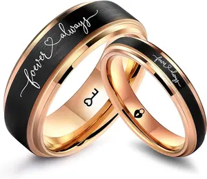 Anel de carboneto de tungstênio personalizado 6mm 8mm, aliança de casamento personalizada gravada, preto, ouro rosa, acabamento acetinado, bandas de noivado