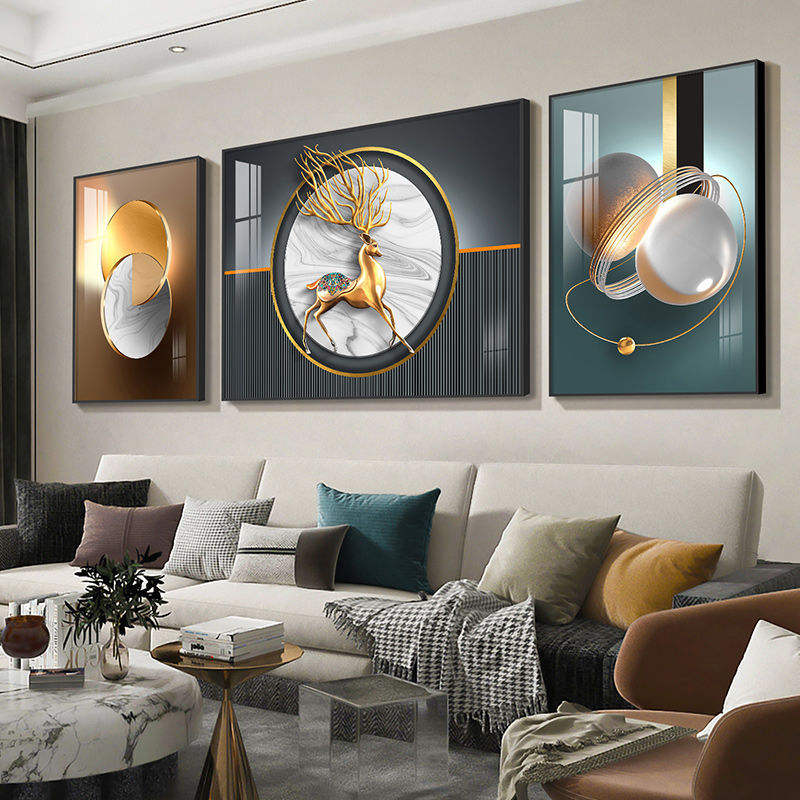ソファ装飾 抽象画 3点セット 花 鹿 羽根 モダン ウォールガラスアート