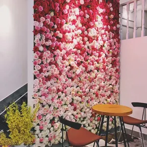 Tizen grosir dekorasi panggung pernikahan pink papan latar belakang 3D mawar bunga buatan Dinding