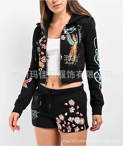 Ensemble 2 pièces imprimé floral Phoenix pour femmes, sweat à capuche court zippé et short à cordon de serrage, ensemble décontracté à manches longues Y2K, assorti pour l'été - Product Image 2