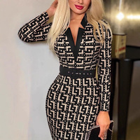 Gaun Sheath Lengan Panjang Motif Kotak-kotak V-Neck Poliester Wanita Model Eropa-Amerika Seksi Modis Vintage Baru 2026 (Termasuk Sabuk)
