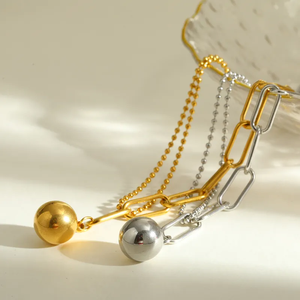 Collier pour femme, plaqué or 18 carats, acier inoxydable, style rond, chaîne en forme de trombone, chaîne à billes, pendentif, bijoux, design moderne - Product Image 5