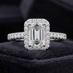 IGI Certified <b>Emerald</b> Cut Lab Grown Diamond Halo Engagement Wedding Bridal <b>Ring</b> Set 10K 14K 18K Gold 925 935 <b>Silver</b> Rhodium - Product Image 1