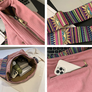 Sac messager à bandoulière large en velours côtelé, grande capacité, couleur unie, style rétro, jacquard, vente en gros personnalisée - Product Image 4