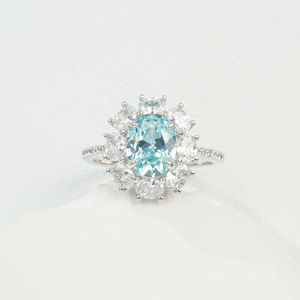 S925 Sterling Silver Aquamarine <b>CZ</b> Halo Engagement <b>Ring</b>-V - Product Image 1