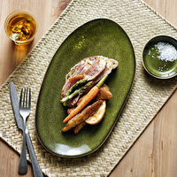 Assiette à poisson rétro vert olive 12 pouces plat ovale spécial en céramique Design nordique pour plat de restaurant occasion de mariage poterie