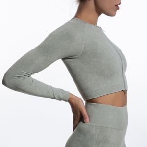 Veste sans couture à manches longues et fermeture éclair pour <span class=keywords><strong>femmes</strong></span>, vêtements de sport, de gym, lavage au sable, design d'art à chaud, une pièce - Product Image 4