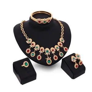 vintage Dubai bridal wedding 18k gold plated gem jewel necklace ring earring bracelet women