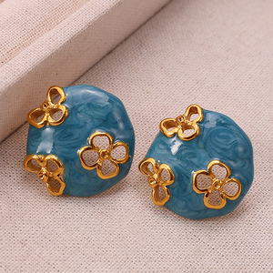 Chinese Style Enamel Flower Stud <b>Earrings</b> Zinc Alloy Stainless Steel <b>Post</b> Party Fashion Jewelry for Women - Product Image 3
