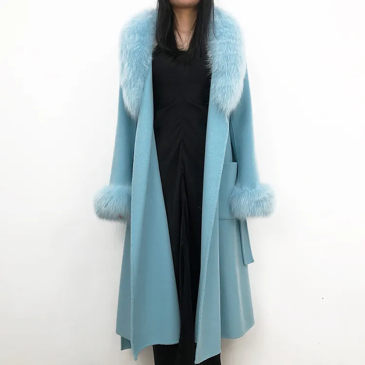 Custom winter women blue coat single button fur collar cashmere wool long coat