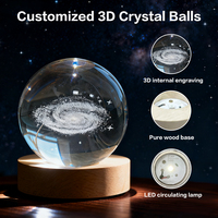 Boule de cristal de 60 mm gravée au laser 3D représentant le système solaire, avec base en bois et lumière LED, lampe de nuit, décoration d'intérieur