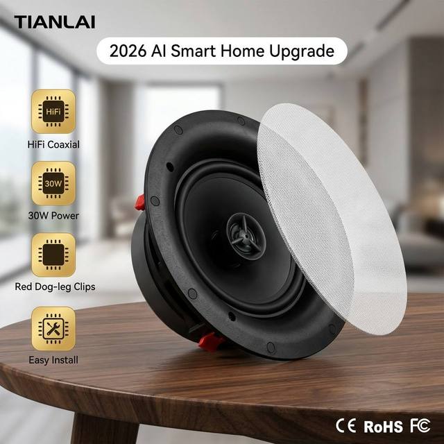TL-JX606 HiFi Coaxial Ceiling Speaker 30W Power Home Audio System with Red Dog-leg Clips for Easy Install  Loudspeaker