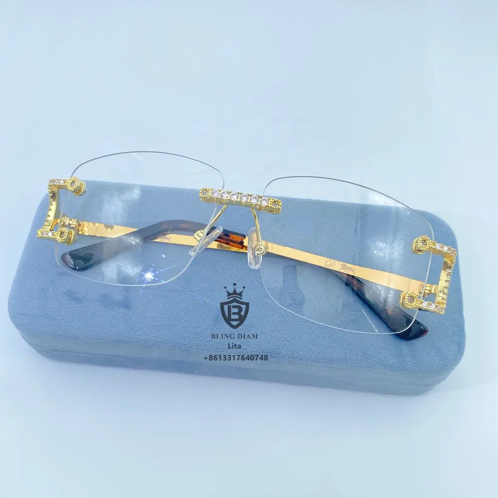 फैक्टरी थोक मूल्य हिप हॉप पीतल घन zirconia rimless चश्मा हीरा आइस्ड धूप का चश्मा