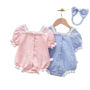福宇夏季新生儿短袖蕾丝褶边连体衣婴儿时尚连体衣婴儿连体衣连体衣