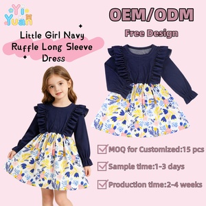 Abito <span class=keywords><strong>a</strong></span> trapezio <span class=keywords><strong>a</strong></span> maniche lunghe con stampa floreale patchwork e volant blu navy personalizzabile per bambine, ideale per l'uso quotidiano e occasioni speciali - Product Image 1