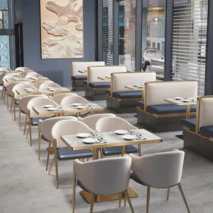 Personalizado de lujo francés occidental restaurante muebles conjunto de mármol mesa de comedor y cabina sofá silla