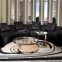 Table basse ronde de luxe en verre trempé avec plateau doré, base en métal à motif géométrique, ensemble de table centrale pour villa et salon