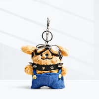 Porte-clés Kawaii en peluche douce, motif chien ours anime, animal en peluche mignon, breloque de sac, décoration pour sac à dos, avec salopette en jean, lunettes et béret
