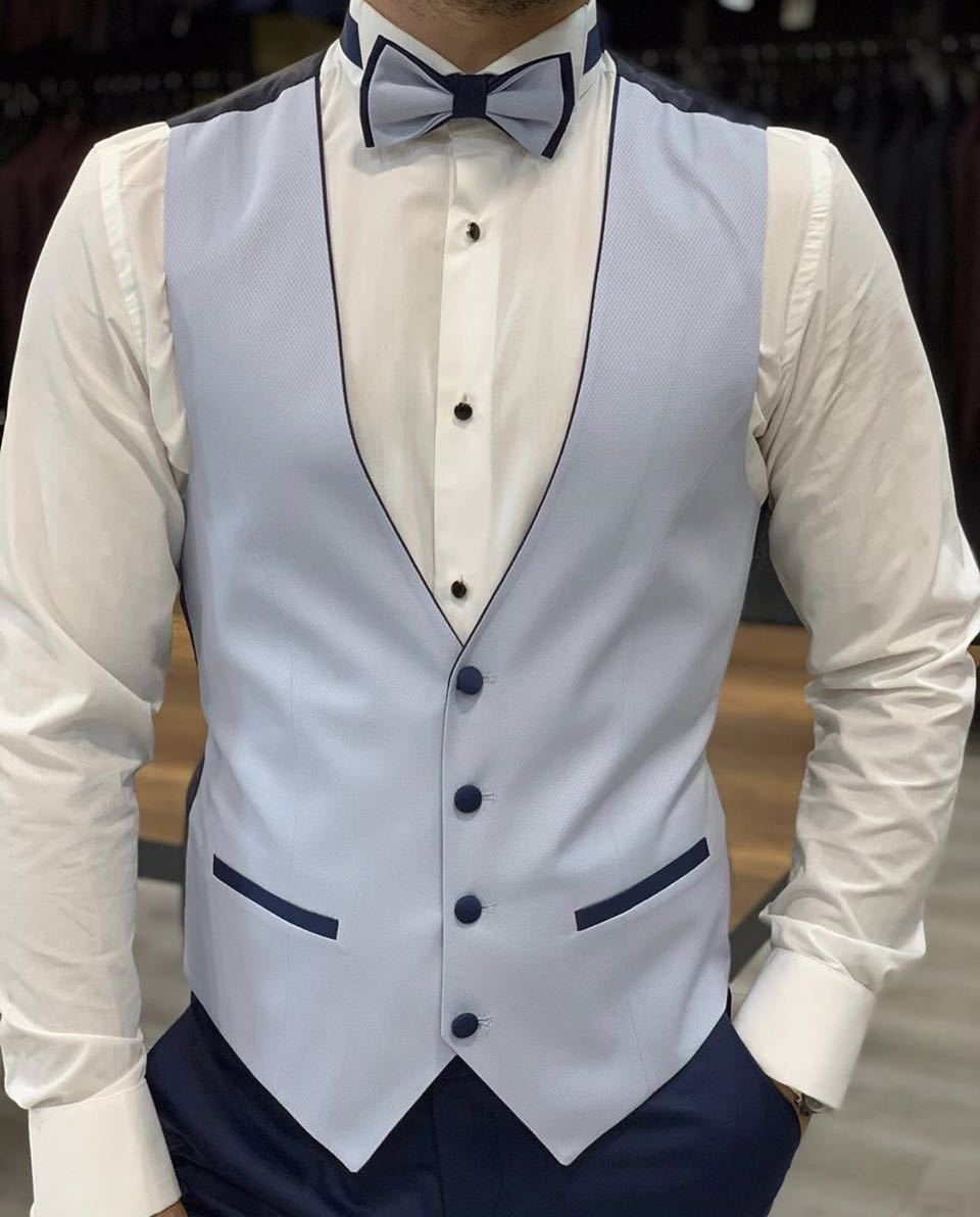 Costume 3 Pièces Homme Slim Bleu Clair - Gilet, Manteau Et Pantalon Pour Mariage Et Business