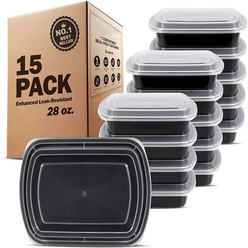 XiMan black base plastic pp reusable lunch boxes food storage bento single 1 compartment meal prep containers with lids
