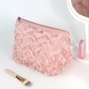 New 2023 Portable Cosmetic Organize Customized New Fabric Square Travel Pink Polyester Makeup Bag