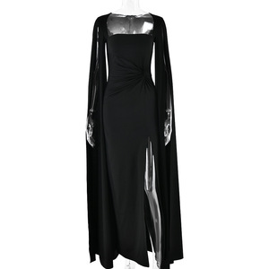 Robe de soirée longue à col carré, manches longues, fente haute, couleur unie, avec cape détachable - Product Image 5