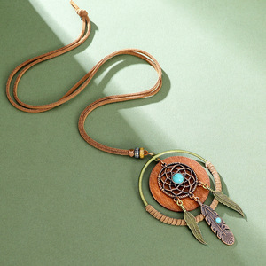 Bohemian Dreamcatcher Pendant Necklace With Turquoise Stone Feather Design Long <b>Chain</b> Women's Fashion Jewelry - Product Image 4