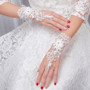 Mitaines de <span class=keywords><strong>mariage</strong></span> en dentelle <span class=keywords><strong>blanche</strong></span>, en Tulle cristal, sans doigts, manchette de poignet, fleur, pour mariée - Product Image 6