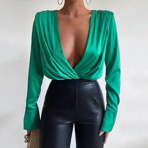 Frauen Elegante Satin Bluse Hemden mit V-Ausschnitt Grüne Farbe Sexy Casual Office Lady Satin Langarm Tops