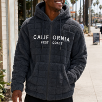Veste d'hiver pour homme en polaire sherpa douce avec capuche à cordon de serrage et fermeture éclair intégrale, broderie California et deux poches latérales