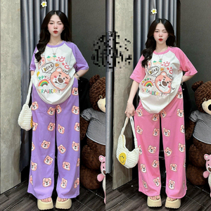 Costume décontracté transfrontalier femmes été dessin animé ours imprimé à manches courtes pantalon large pour étudiants réduction de l'âge deux pièces Fa - Product Image 6