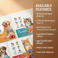 Autocollant pour friandises pour animaux de compagnie au design de dessin animé mignon, rouleau d'étiquettes personnalisées imprimées imperméables avec icônes nutritionnelles pour l'alimentation animale