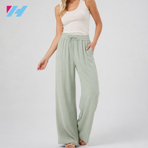 <span class=keywords><strong>Pantalon</strong></span> palazzo en tissu froissé vert sauge pour femmes, taille haute, fluide, <span class=keywords><strong>pantalon</strong></span> de plage, sur mesure OEM - Product Image 1