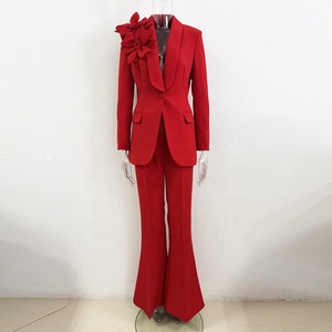 OUDINA Nouveau Blazer à un bouton rouge à fleurs 3D, pantalon décontracté, ensemble deux pièces pour le bureau, costume formel pour femmes - Product Image 3