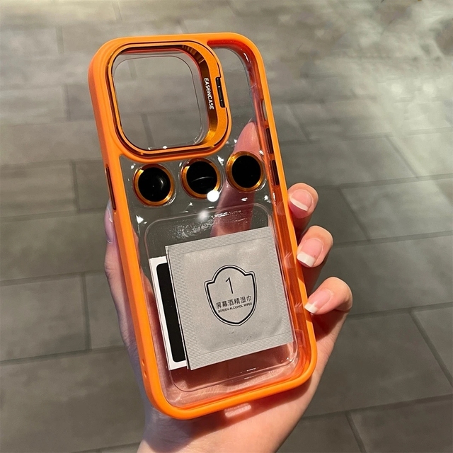 Simple Camera Glass Protection Transparent Shell case Cover Lens Metal Stand Phone Case for IPhone 15 16 17 Pro Max 14 Plus 13