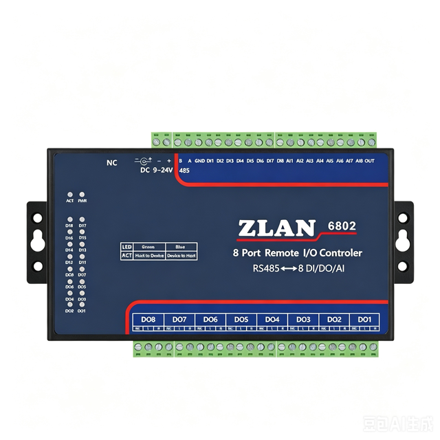 ZLAN6802 RS485 Remote I/O Controller 8DI 8DO 8AI Modbus RTU DC9-24V in Stock