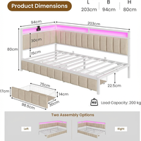 Cadre de lit d'angle en métal Deluxstar, durable, silencieux, avec tête de lit inclinable et réglable, lumières LED, station de charge, chambre à coucher, appartement