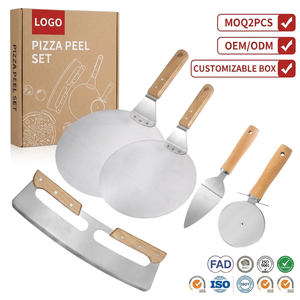 Manjia vendita calda produttore di buccia per <span class=keywords><strong>Pizza</strong></span> in acciaio inossidabile taglierina per <span class=keywords><strong>Pizza</strong></span> a buccia con spatola di trasferimento con manico in legno - Product Image 1