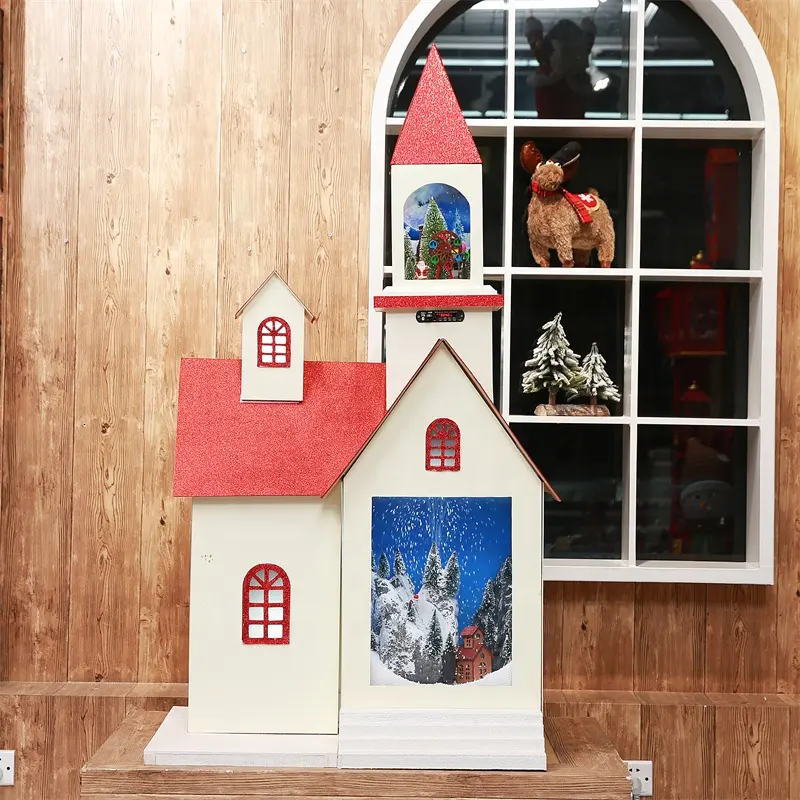Christmas led house for Xmas dollhouse with snow falling USB MP3 powered Christmas snowing church with music