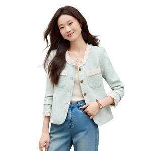 Chic Short Blazer With Lace Trim Light Green Solid Color Woven Polyester Women's Jacket Autumn 2025 French Style Top - Product Image 5