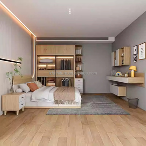 Ensembles complets de meubles de chambre à coucher en bois clair économiques et personnalisables avec lit, tables de chevet, armoire et bureau pour appartements studio - Product Image 2