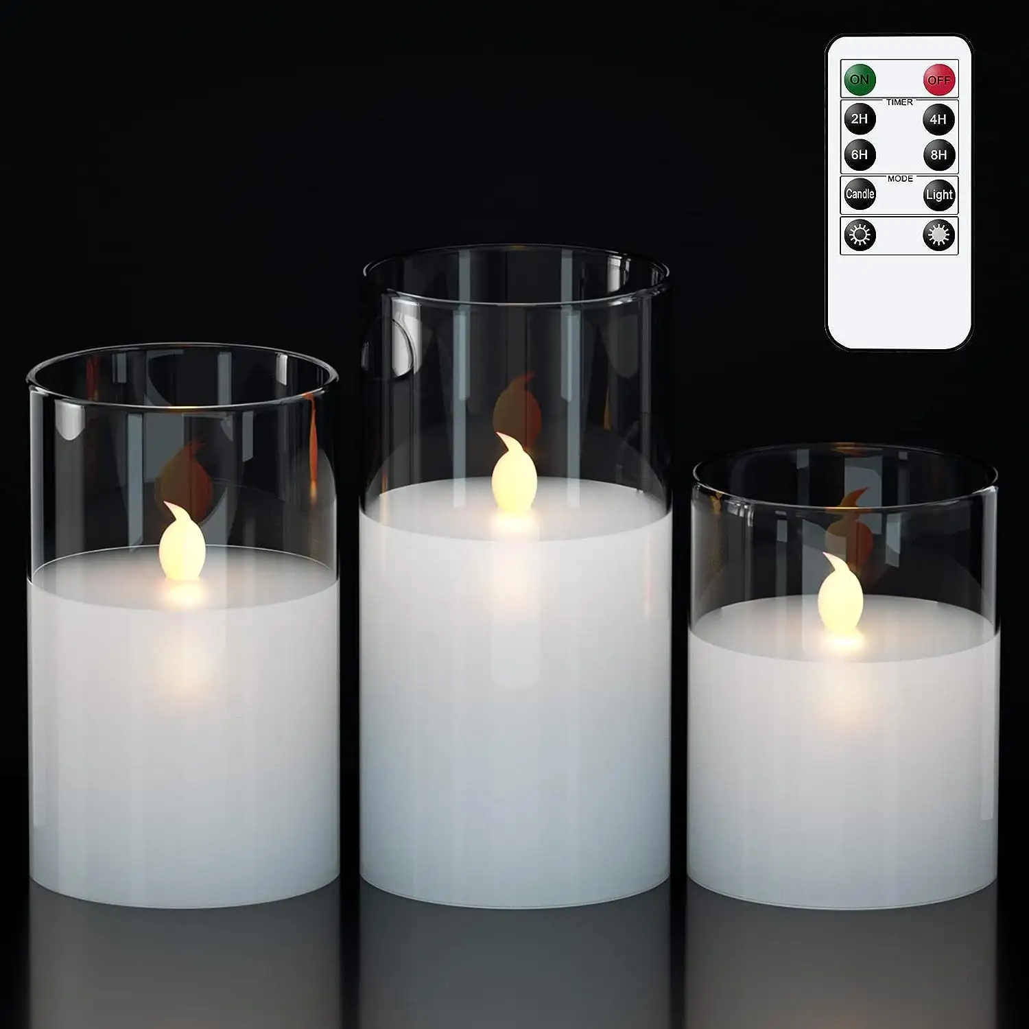 Lilin kaca abu-abu dengan pengatur waktu dan 10 tombol pengendali jarak jauh tanpa api LED lilin asli cahaya hangat